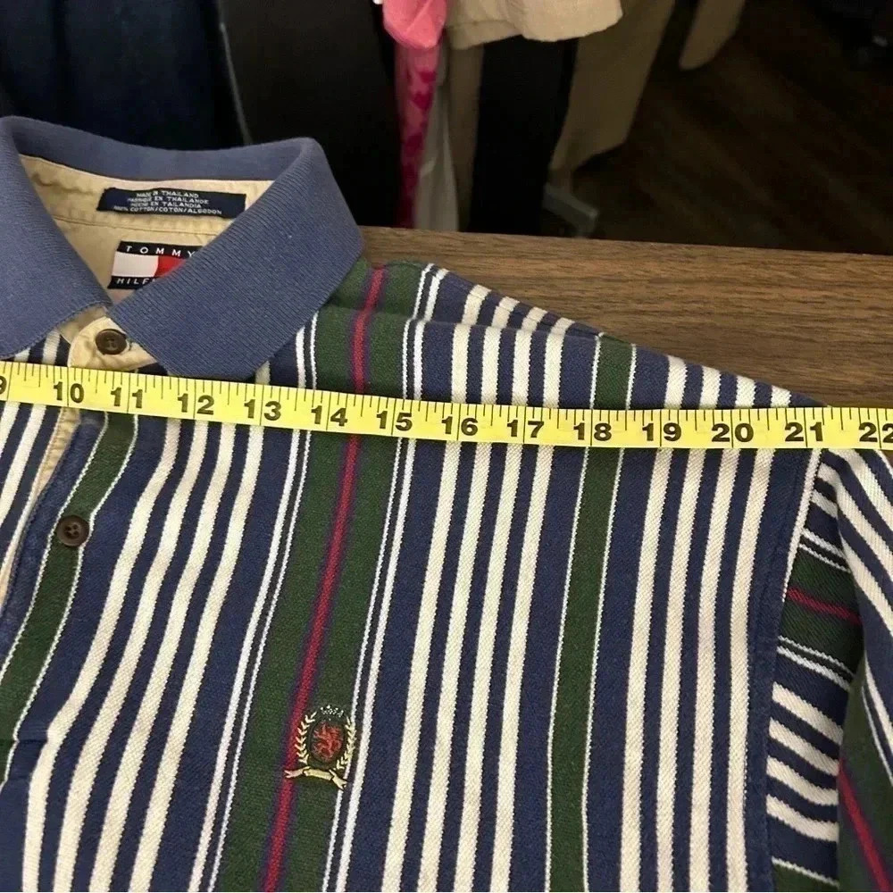Vintage 90s Tommy Hilfiger Striped Long Sleeve Polo Shirt Black White Green Blue - Picture 8 of 12